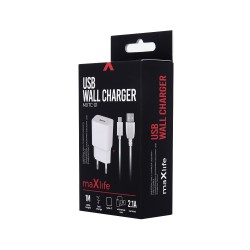 Caricabatterie USB da rete presa spina universale Maxlife + cavo TYPE-C 2.1A 5v Ricarica Rapida 1 metro Bianco MXTC-01