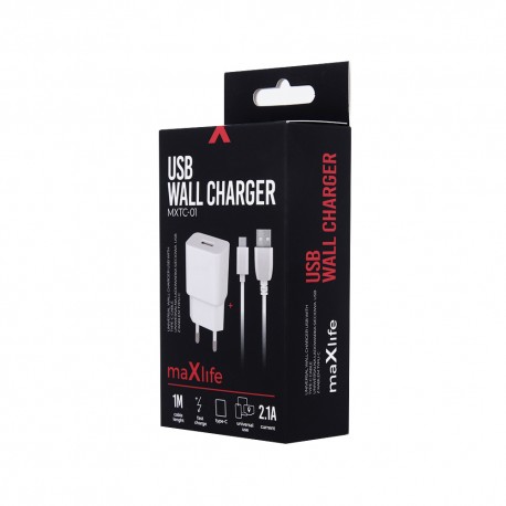 Caricabatterie da rete universale Maxlife cavo TYPE-C 2.1A 5v Ricarica Rapida 2 metri Bianco