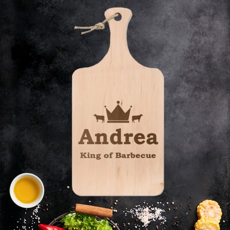Tagliere Medio in legno naturale di faggio personalizzato con incisione laser king of barbecue con Manico