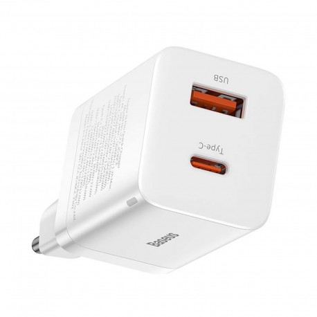 Baseus CCSUPP-E02 Super Si Quick Charger Caricatore Alimentatore da Rete USB +  USB-C 30W Bianco